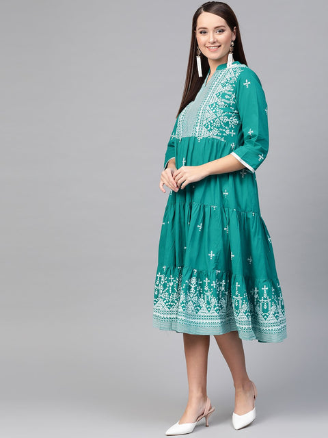 Nayo Women Green & White Tribal Printed Fit and Flare Dress