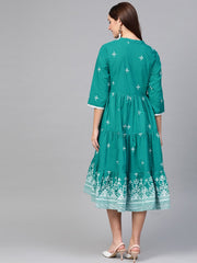 Nayo Women Green & White Tribal Printed Fit and Flare Dress