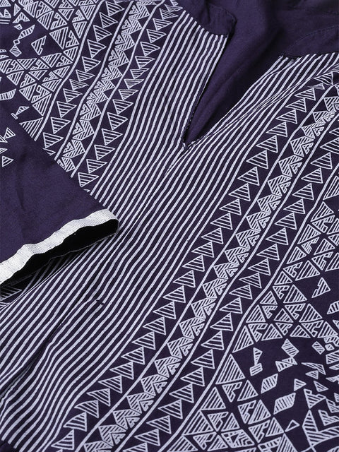 Nayo Women Navy Blue & White Tribal Printed Fit and Flare Dress