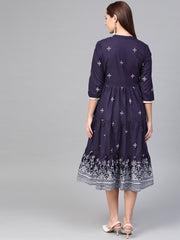 Nayo Women Navy Blue & White Tribal Printed Fit and Flare Dress