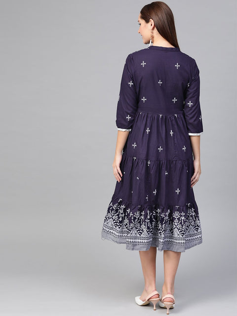 Nayo Women Navy Blue & White Tribal Printed Fit and Flare Dress