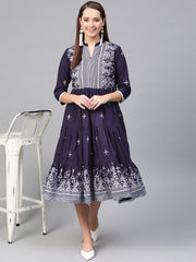 Nayo Women Navy Blue & White Tribal Printed Fit and Flare Dress