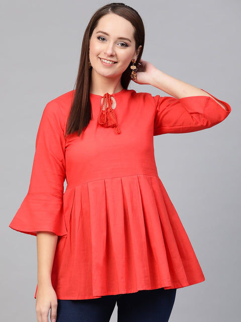 Nayo Women Red solid Tie-up Neck Peplum Top