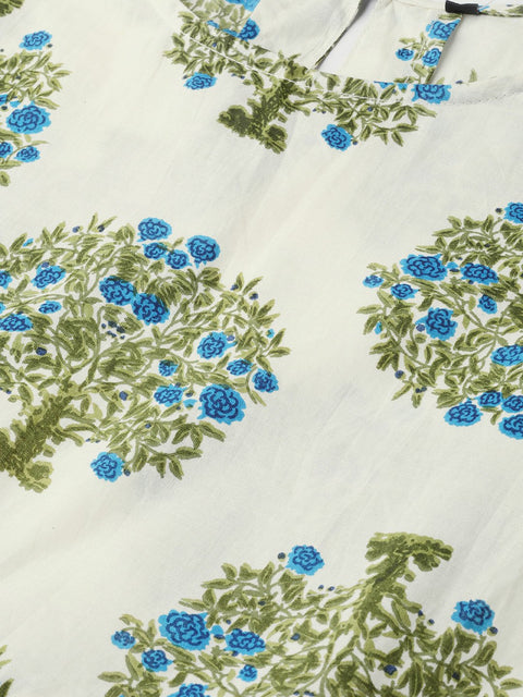 Nayo Women White & Blue A-line bell sleeve Maxi Dress