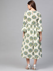 Nayo Women White & Blue A-line bell sleeve Maxi Dress