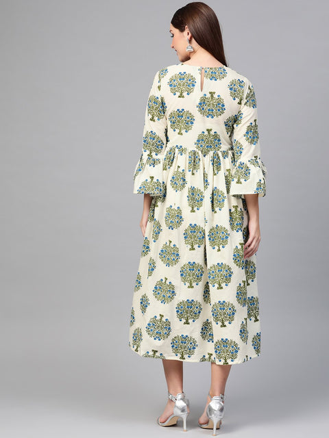 Nayo Women White & Blue A-line bell sleeve Maxi Dress