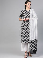 Nayo Women Black & White Straight Ethnic Motifs Printed Kurta And Palazzos Set With Dupatta
