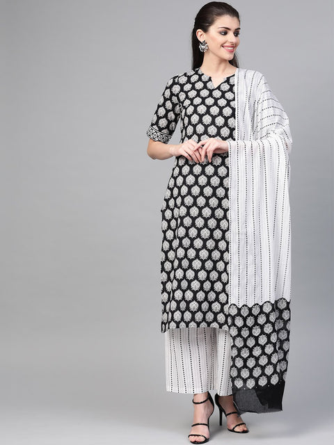 Nayo Women Black & White Straight Ethnic Motifs Printed Kurta And Palazzos Set With Dupatta