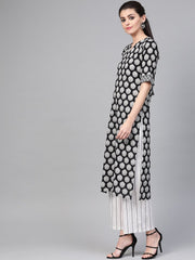 Nayo Women Black & White Straight Ethnic Motifs Printed Kurta And Palazzos Set With Dupatta