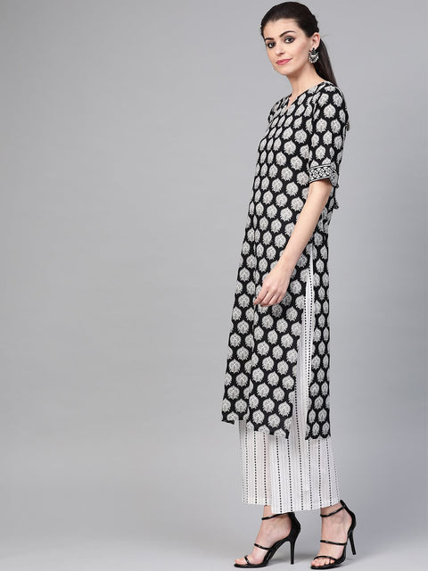 Nayo Women Black & White Straight Ethnic Motifs Printed Kurta And Palazzos Set With Dupatta