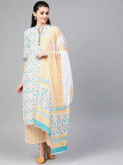 Nayo Women White & Blue Straight Floral Printed Kurta And Palazzos Set With Dupatta