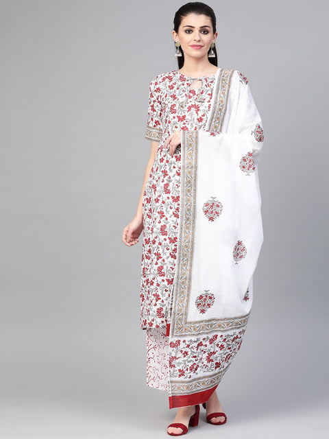 Nayo Women White & Maroon Straight Floral Printed Kurta And Palazzos Set With Dupatta