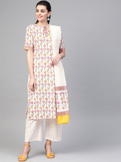 Nayo Women White & Multi Straight Floral Printed Kurta And Palazzos Set With Dupatta
