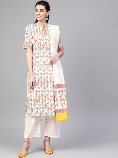 Nayo Women White & Multi Straight Floral Printed Kurta And Palazzos Set With Dupatta