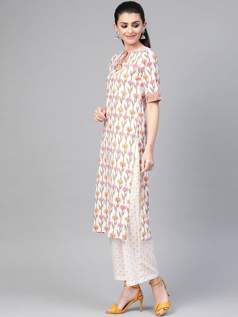 Nayo Women White & Multi Straight Floral Printed Kurta And Palazzos Set With Dupatta