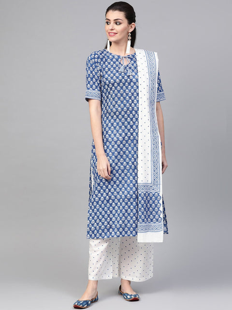 Nayo Women Blue & White Straight Floral Printed Kurta And Palazzos Set With Dupatta