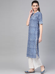 Nayo Women Blue & White Straight Floral Printed Kurta And Palazzos Set With Dupatta