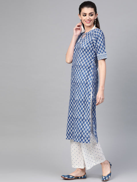 Nayo Women Blue & White Straight Floral Printed Kurta And Palazzos Set With Dupatta