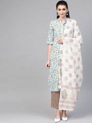 Nayo Women Blue & Beige Straight Floral Printed Kurta And Palazzos Set With Dupatta