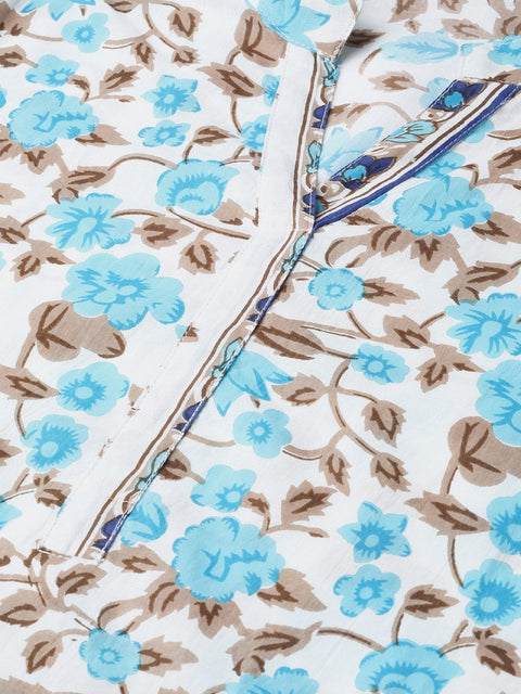 Nayo Women Blue & Beige Straight Floral Printed Kurta And Palazzos Set With Dupatta