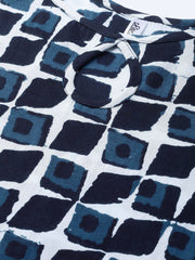 Nayo Women White & Navy Blue Straight Geometric Printed Kurta And Trousers Set