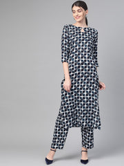 Nayo Women White & Navy Blue Straight Geometric Printed Kurta And Trousers Set