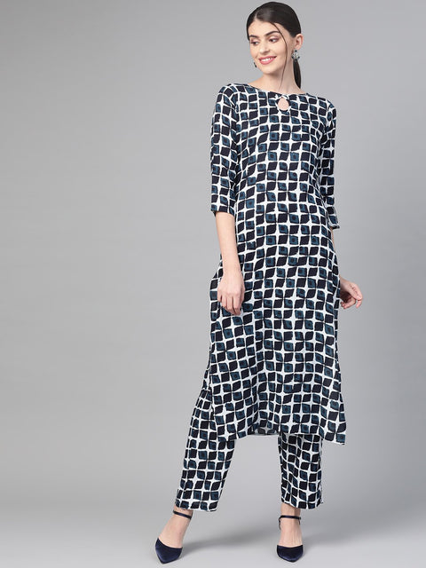 Nayo Women White & Navy Blue Straight Geometric Printed Kurta And Trousers Set