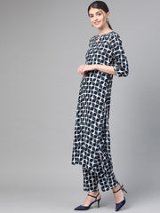 Nayo Women White & Navy Blue Straight Geometric Printed Kurta And Trousers Set