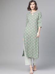 Nayo Women Green & Beige Straight Quirky Printed Kurta And Trousers Set
