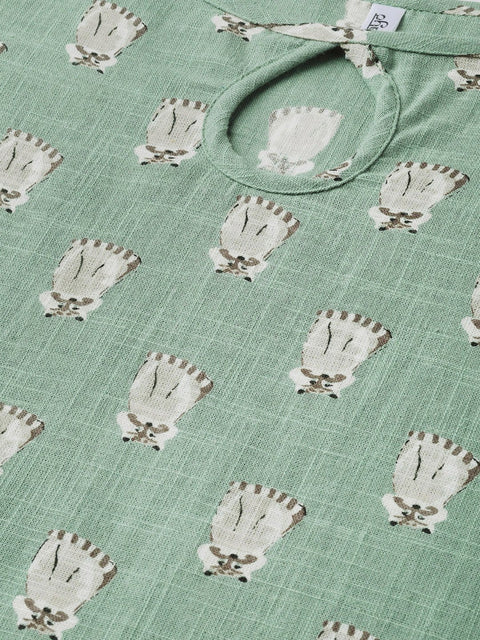 Nayo Women Green & Beige Straight Quirky Printed Kurta And Trousers Set