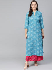 Nayo Women Blue & White Straight Paisley Printed Kurta And Skirt Set