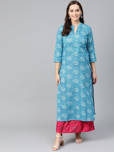 Nayo Women Blue & White Straight Paisley Printed Kurta And Skirt Set