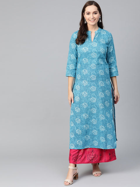 Nayo Women Blue & White Straight Paisley Printed Kurta And Skirt Set