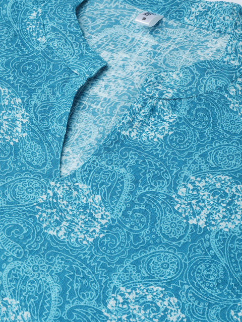 Nayo Women Blue & White Straight Paisley Printed Kurta And Skirt Set