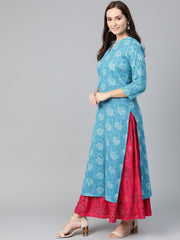 Nayo Women Blue & White Straight Paisley Printed Kurta And Skirt Set