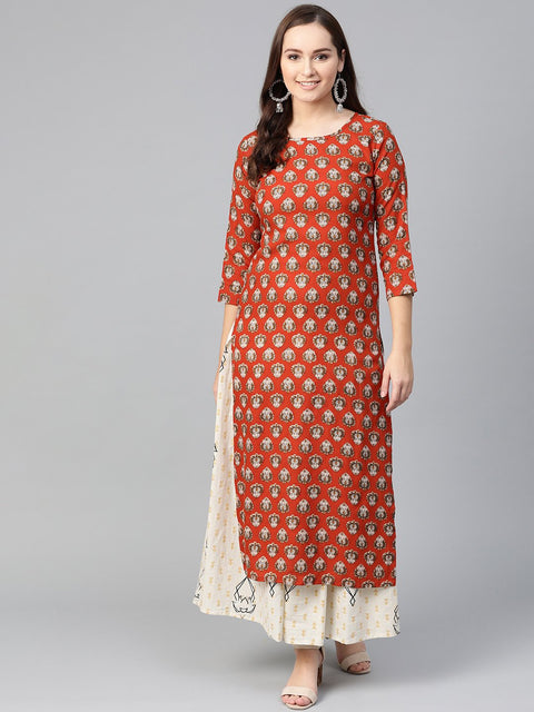 Nayo Women Rust & Beige Straight Ethnic Motifs Printed Kurta And Skirt Set