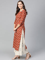 Nayo Women Rust & Beige Straight Ethnic Motifs Printed Kurta And Skirt Set