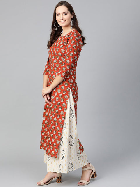 Nayo Women Rust & Beige Straight Ethnic Motifs Printed Kurta And Skirt Set