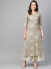 Nayo Women Grey & Cream Straight Floral Printed Kurta And Skirt Set