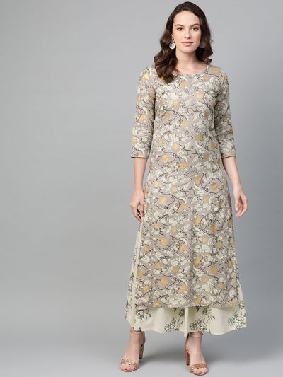 Nayo Women Grey & Cream Straight Floral Printed Kurta And Skirt Set