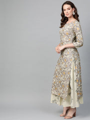 Nayo Women Grey & Cream Straight Floral Printed Kurta And Skirt Set