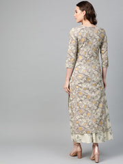 Nayo Women Grey & Cream Straight Floral Printed Kurta And Skirt Set