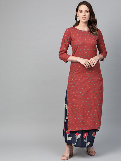 Nayo Women Maroon & Navy Blue Straight Floral Printed Kurta And Skirt Set