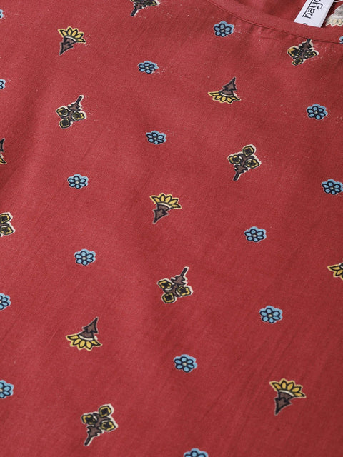 Nayo Women Maroon & Navy Blue Straight Floral Printed Kurta And Skirt Set