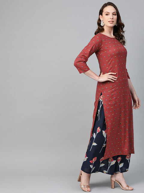Nayo Women Maroon & Navy Blue Straight Floral Printed Kurta And Skirt Set