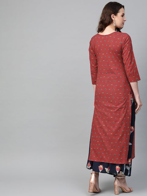 Nayo Women Maroon & Navy Blue Straight Floral Printed Kurta And Skirt Set