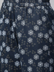 Nayo Women Navy Blue & Blue Straight Floral Printed Kurta And Trousers Set