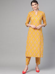 Nayo Women Mustard & Peach Straight Floral Printed Kurta And Trousers Set