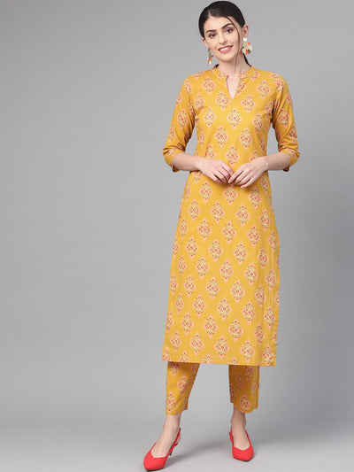 Nayo Women Mustard & Peach Straight Floral Printed Kurta And Trousers Set