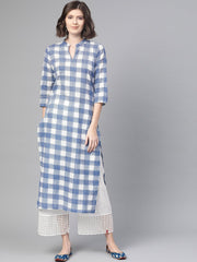 Nayo Nayo Adults-Women White & Blue Cotton Straight Checked Checked Kurta